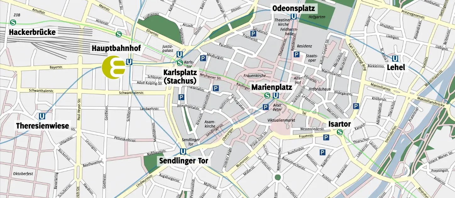 Stadtplan von München mit der zentralen Lage des Hotel Europäischer Hof am Hauptbahnhof
