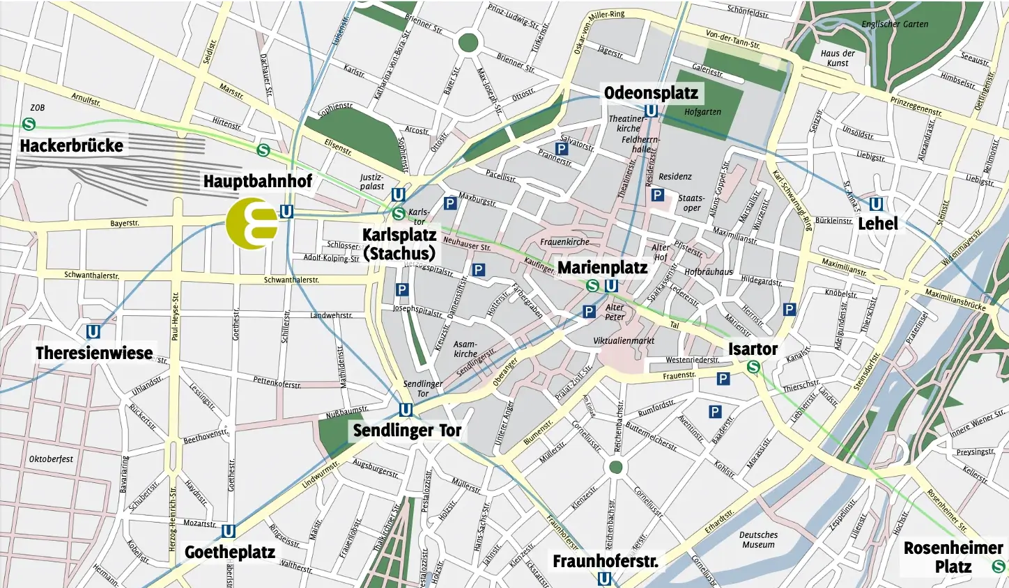 Stadtplan von München mit der zentralen Lage des Hotel Europäischer Hof am Hauptbahnhof