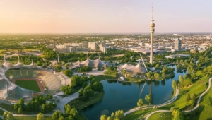 Abendlicher Blick auf den Olympiapark