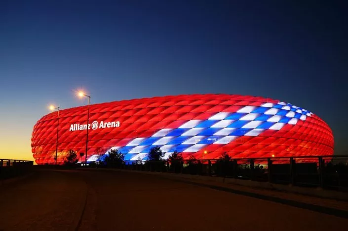 Allianz Arena in Munich in the colors of FC Bayern: red, white, and blue