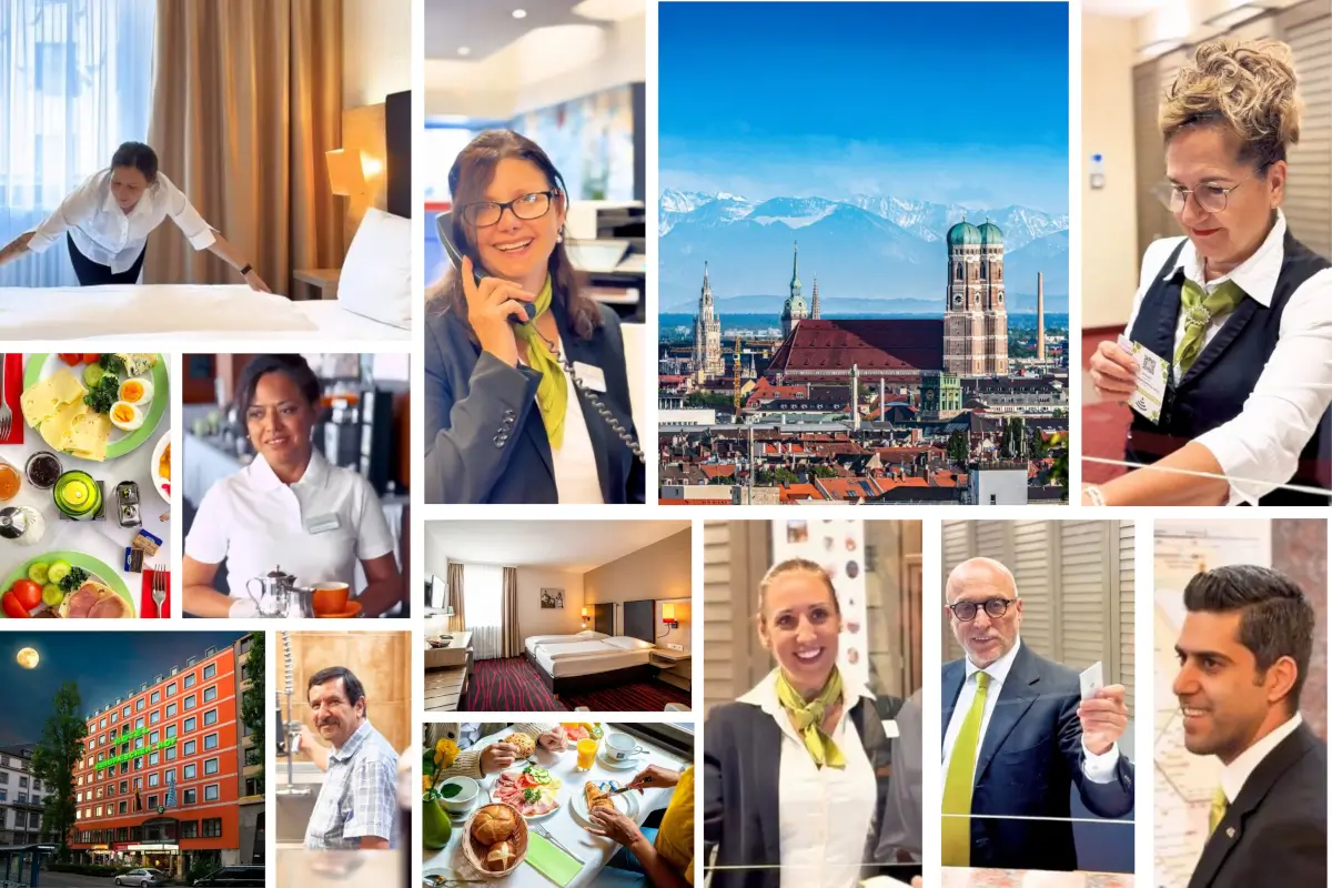 Hotel München Hauptbahnhof - Impressionen als Bild-Collage des Hotel Europäischer Hof München. Das Team des Hotels an der Rezeption, im Frühstücksservice und im Housekeeping. Aufnahme des Hotels von außen bei Nacht, eines Doppelzimmers und gedeckte Frühstückstische. Zentral eine Aufnahme der Frauenkirche mit Blick auf die Alpen und blauem Himmel.
