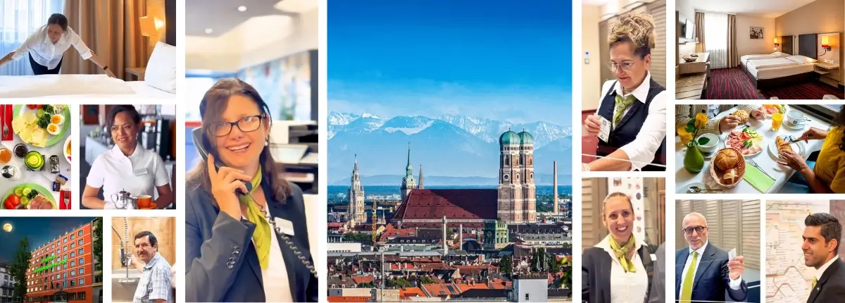 Hotel München Hauptbahnhof - Impressionen als Bild-Collage des Hotel Europäischer Hof München. Das Team des Hotels an der Rezeption, im Frühstücksservice und im Housekeeping. Aufnahme des Hotels von außen bei Nacht, eines Doppelzimmers und gedeckte Frühstückstische. Zentral eine Aufnahme der Frauenkirche mit Blick auf die Alpen und blauem Himmel.